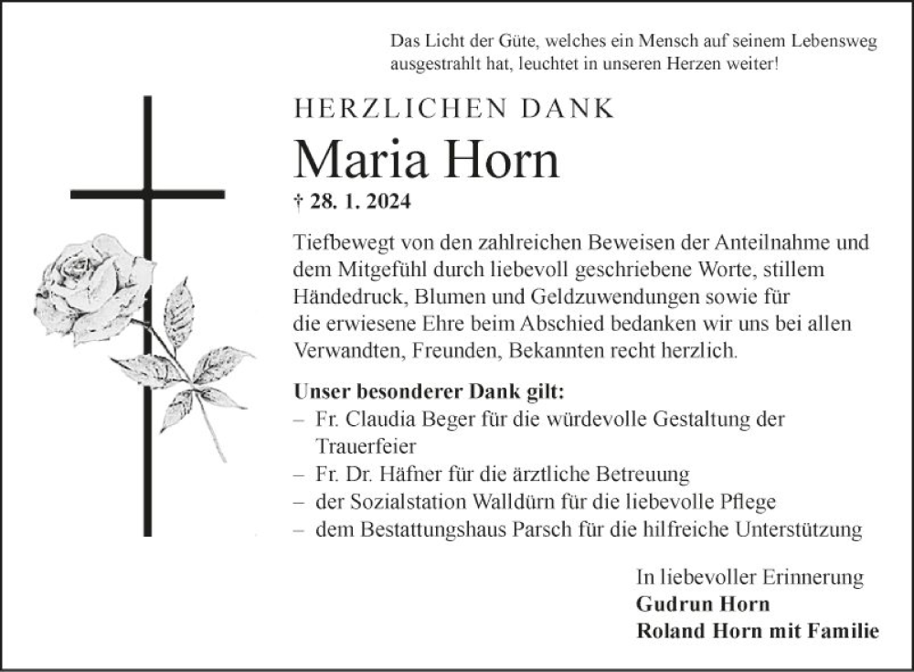  Traueranzeige für Maria Horn vom 24.02.2024 aus Fränkische Nachrichten