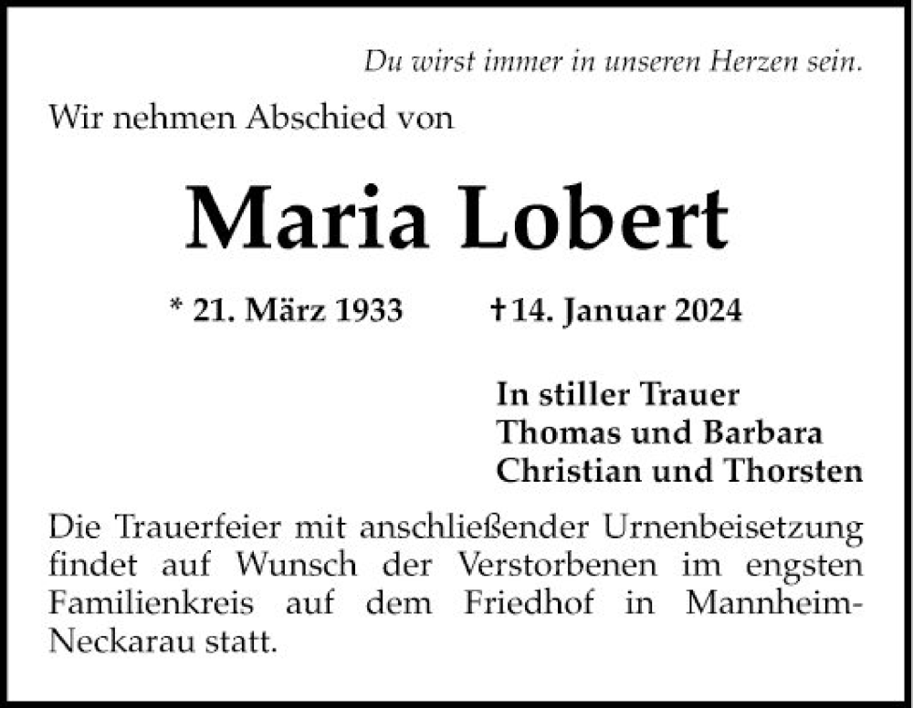  Traueranzeige für Maria Lobert vom 10.02.2024 aus Mannheimer Morgen