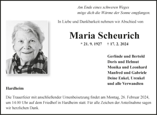 Traueranzeige von Maria Scheurich von Fränkische Nachrichten