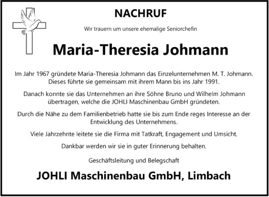 Traueranzeige von Maria-Theresia Johmann von Fränkische Nachrichten