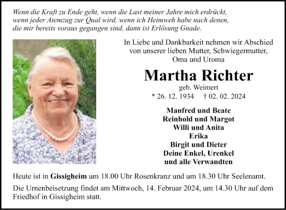  Traueranzeige für Martha Richter vom 08.02.2024 aus Fränkische Nachrichten