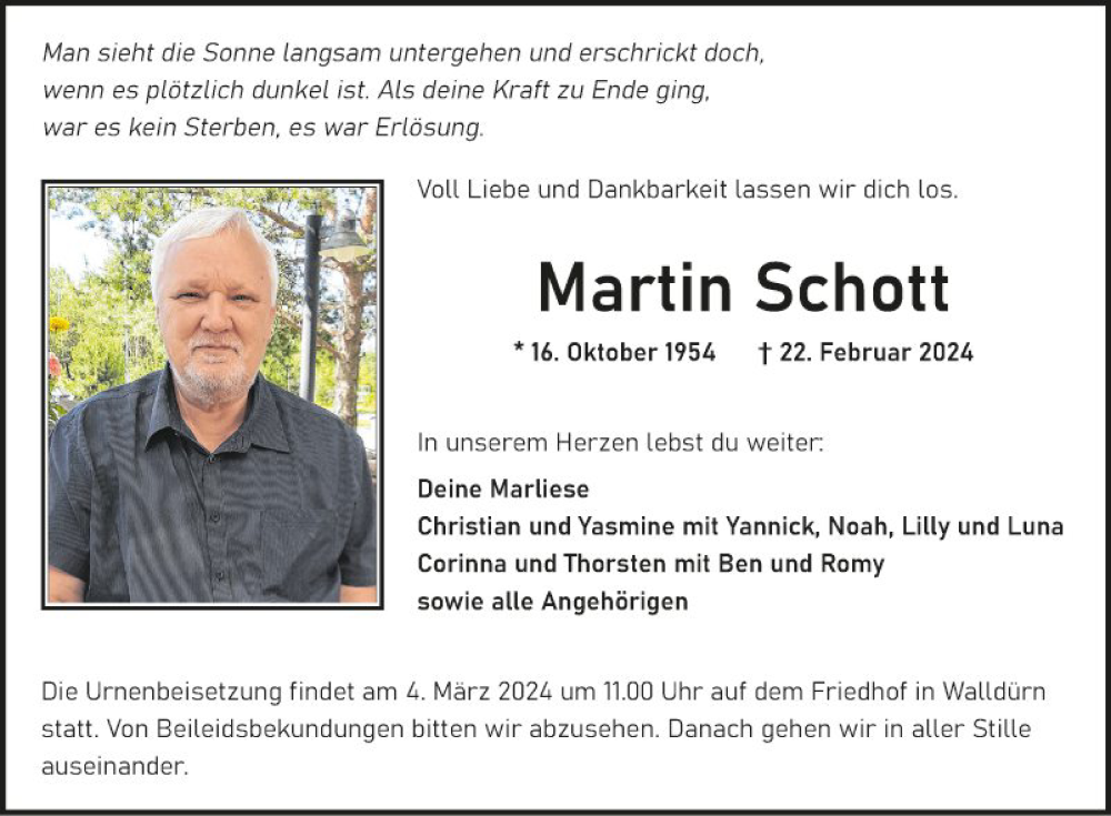  Traueranzeige für Martin Schott vom 29.02.2024 aus Fränkische Nachrichten