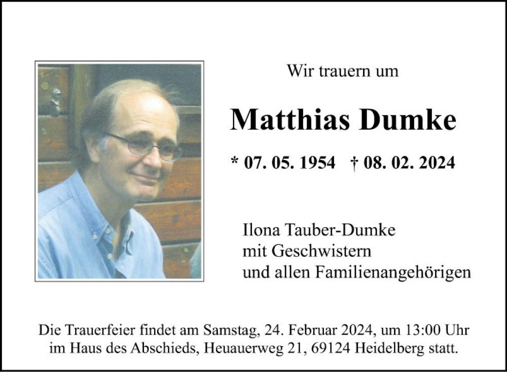  Traueranzeige für Matthias Dumke vom 17.02.2024 aus Mannheimer Morgen