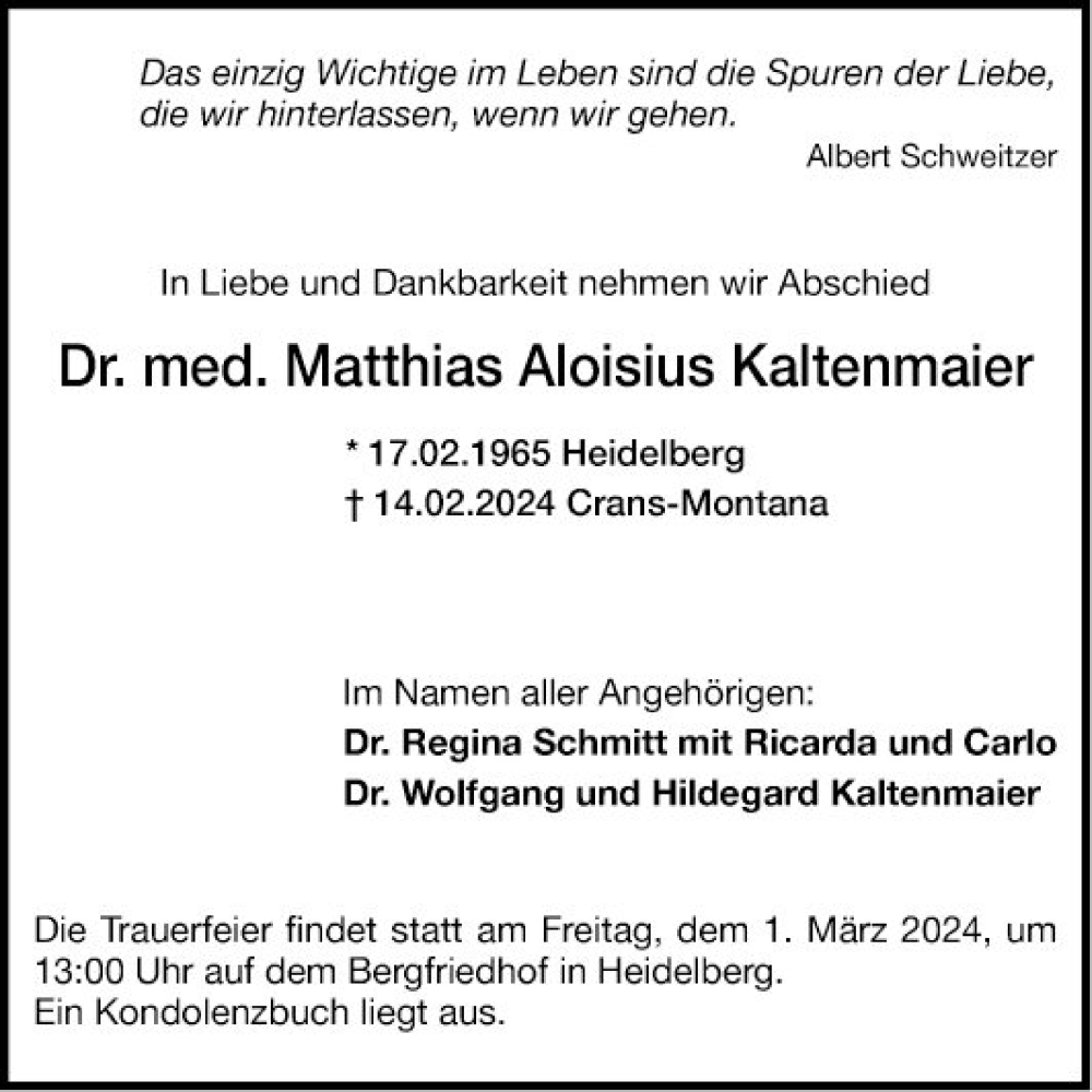  Traueranzeige für Matthias Aloisius Kaltenmaier vom 24.02.2024 aus Schwetzinger Zeitung