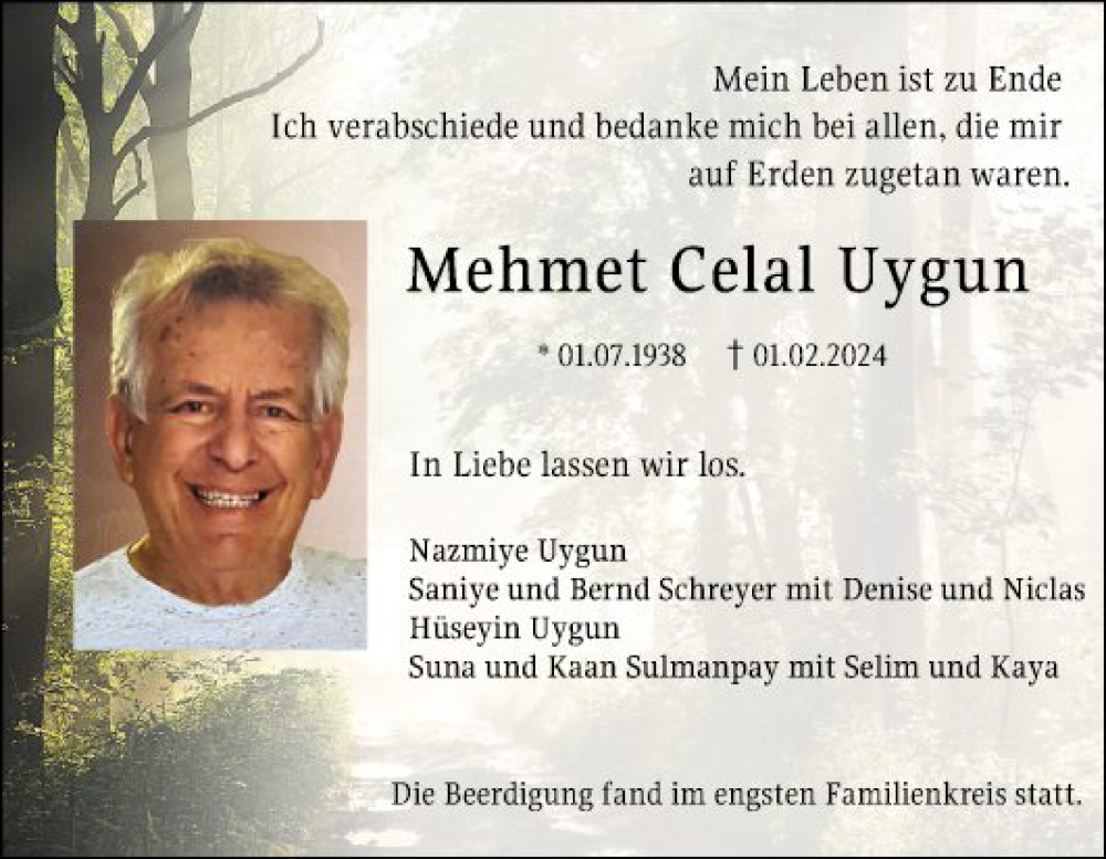  Traueranzeige für Mehmet Celal Uygun vom 17.02.2024 aus Schwetzinger Zeitung
