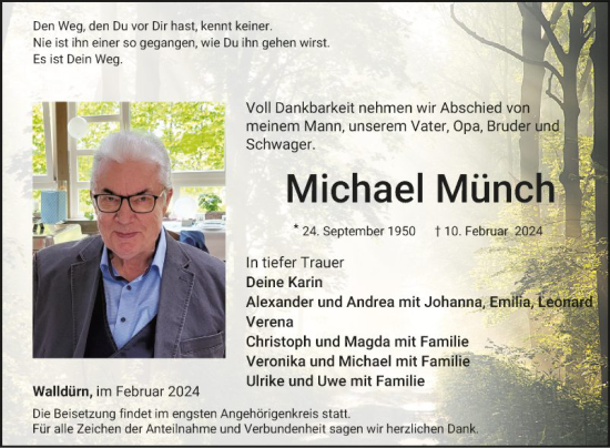 Traueranzeige von Michael Münch von Fränkische Nachrichten
