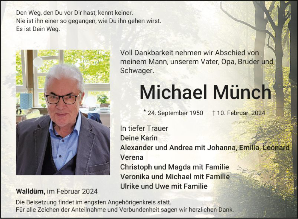  Traueranzeige für Michael Münch vom 17.02.2024 aus Fränkische Nachrichten