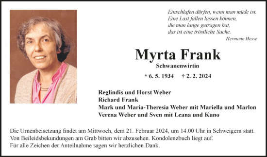 Traueranzeige von Myrta Frank von Fränkische Nachrichten