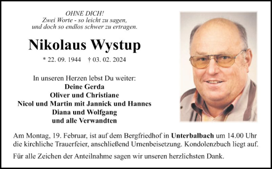 Traueranzeige von Nikolaus Wystup von Fränkische Nachrichten