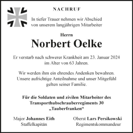 Traueranzeige von Norbert Oelke von Fränkische Nachrichten