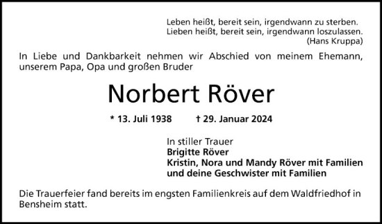 Traueranzeige von Norbert Röver von Bergsträßer Anzeiger