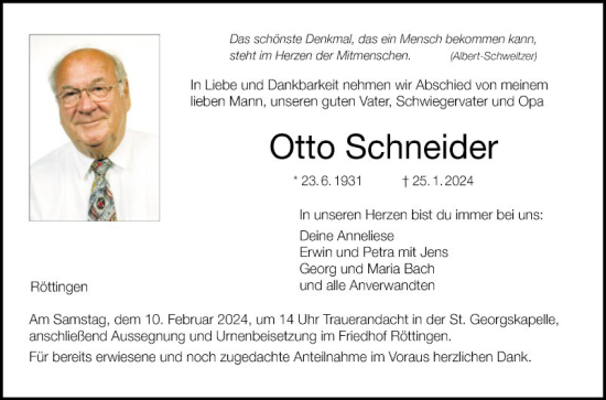 Traueranzeige von Otto Schneider von Fränkische Nachrichten