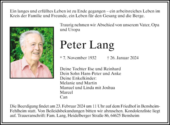 Traueranzeige von Peter Lang von Bergsträßer Anzeiger