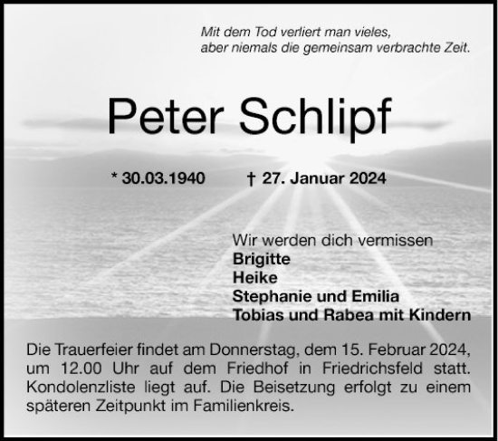 Traueranzeige von Peter Schlipf von Mannheimer Morgen