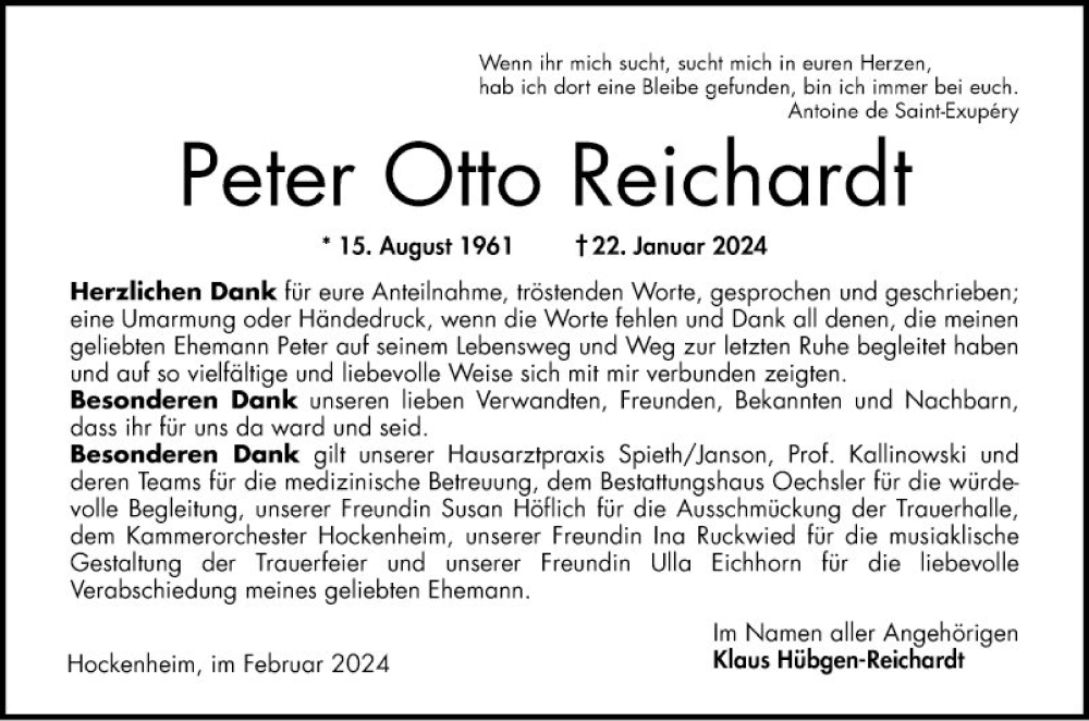  Traueranzeige für Peter Otto Reichardt vom 10.02.2024 aus Schwetzinger Zeitung