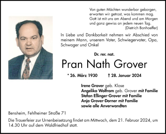 Traueranzeige von Pran Nath Grover von Bergsträßer Anzeiger