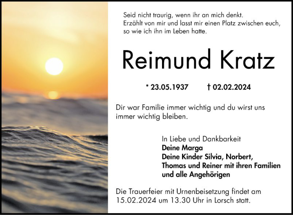  Traueranzeige für Reimund Kratz vom 10.02.2024 aus Bergsträßer Anzeiger