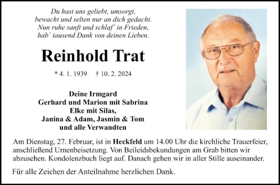 Traueranzeige von Reinhold Trat von Fränkische Nachrichten