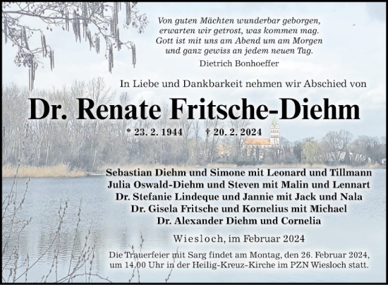 Traueranzeige von Renate Fritsche-Diehm von Schwetzinger Zeitung