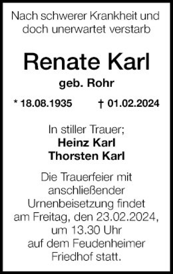 Traueranzeige von Renate Karl von Mannheimer Morgen