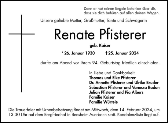 Traueranzeige von Renate Pfisterer von Bergsträßer Anzeiger