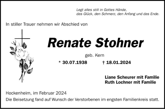 Traueranzeige von Renate Stohner von Schwetzinger Zeitung