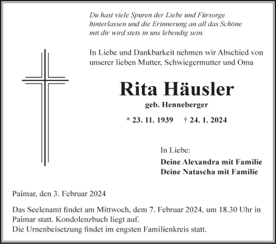 Traueranzeige von Rita Häusler von Fränkische Nachrichten