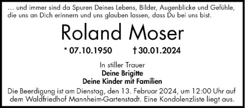  Traueranzeige für Roland Moser vom 10.02.2024 aus Mannheimer Morgen