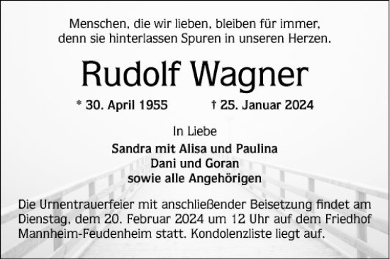 Traueranzeige von Rudolf Wagner von Mannheimer Morgen