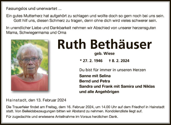 Traueranzeige von Ruth Bethäuser von Fränkische Nachrichten