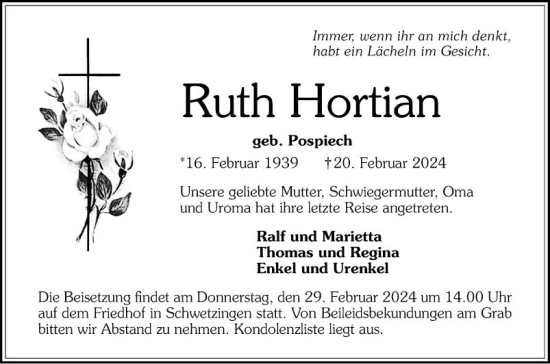 Traueranzeige von Ruth Hortian von Schwetzinger Zeitung