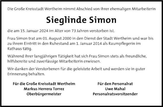 Traueranzeige von Sieglinde Simon von Fränkische Nachrichten