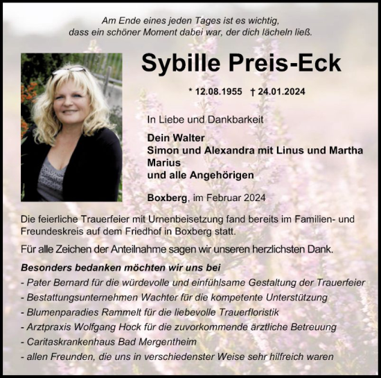 Traueranzeige von Sybille Preis-Eck von Fränkische Nachrichten