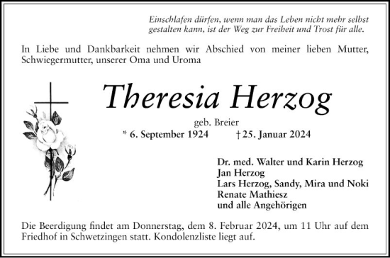 Traueranzeige von Theresia Herzog von Schwetzinger Zeitung