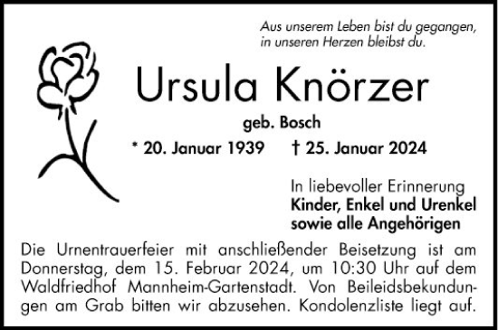 Traueranzeige von Ursula Knörzer von Mannheimer Morgen