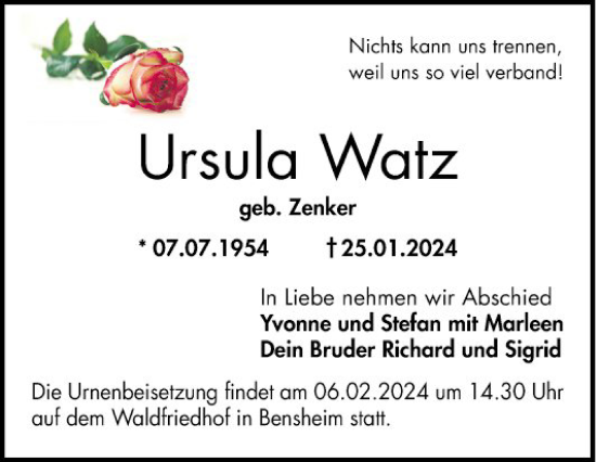 Traueranzeige von Ursula Watz von Bergsträßer Anzeiger