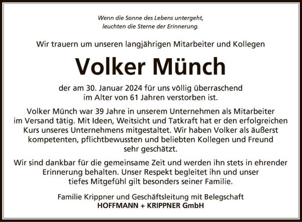  Traueranzeige für Volker Münch vom 06.02.2024 aus Fränkische Nachrichten