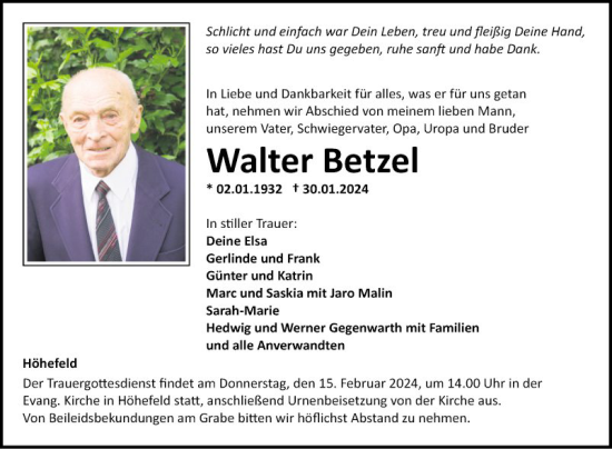 Traueranzeige von Walter Betzel von Fränkische Nachrichten