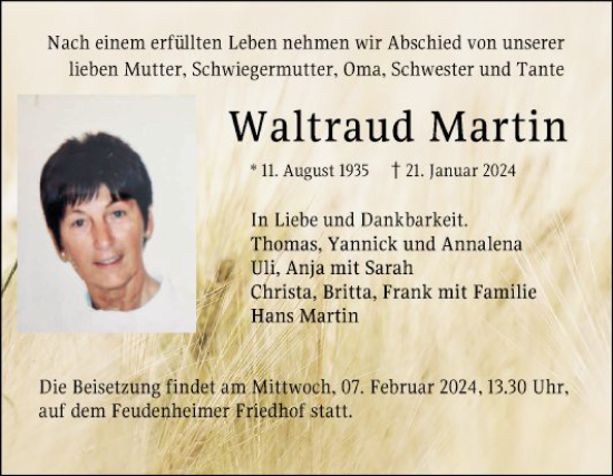Traueranzeige von Waltraud Martin von Mannheimer Morgen