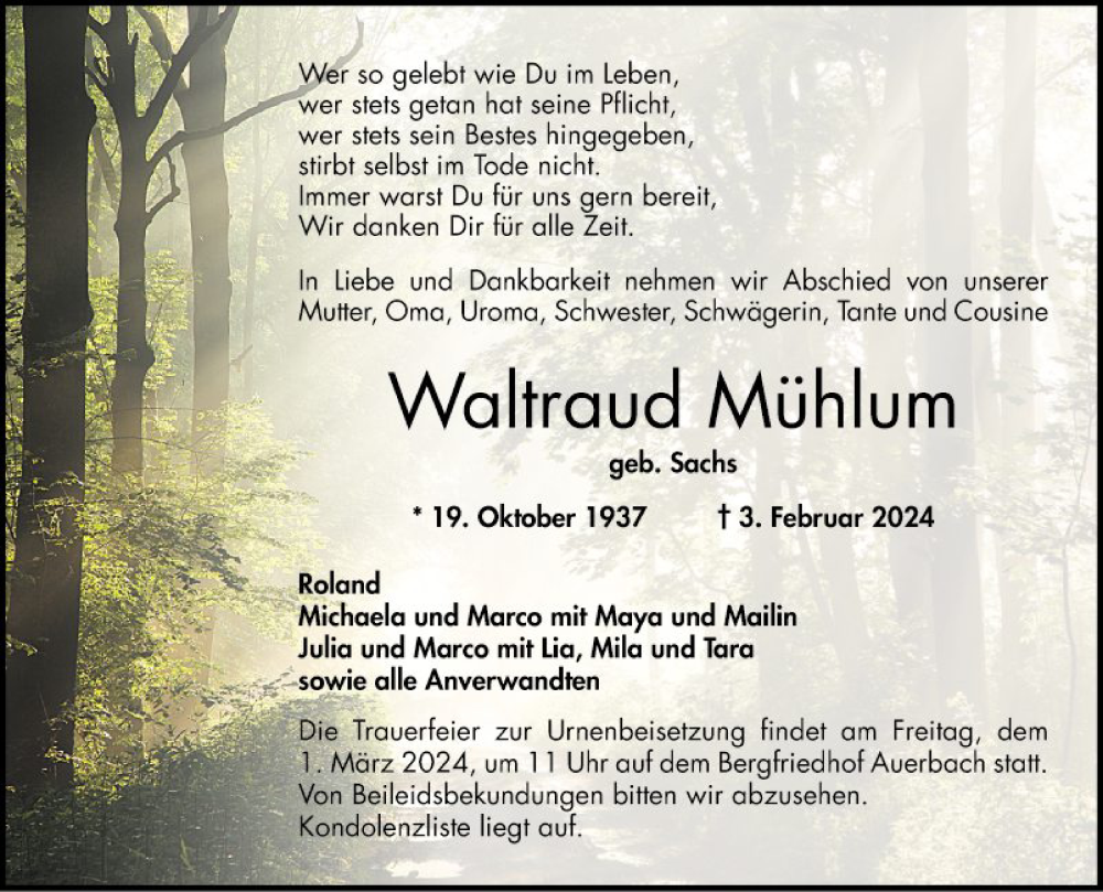 Traueranzeigen von Waltraud Mühlum | Trauerportal Ihrer Tageszeitung