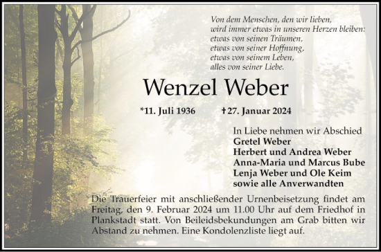 Traueranzeige von Wenzel Weber von Schwetzinger Zeitung