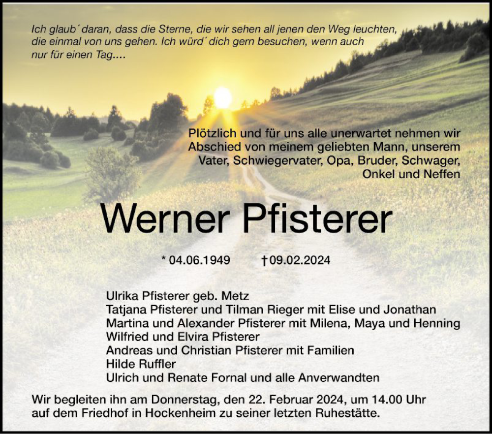  Traueranzeige für Werner Pfisterer vom 17.02.2024 aus Schwetzinger Zeitung