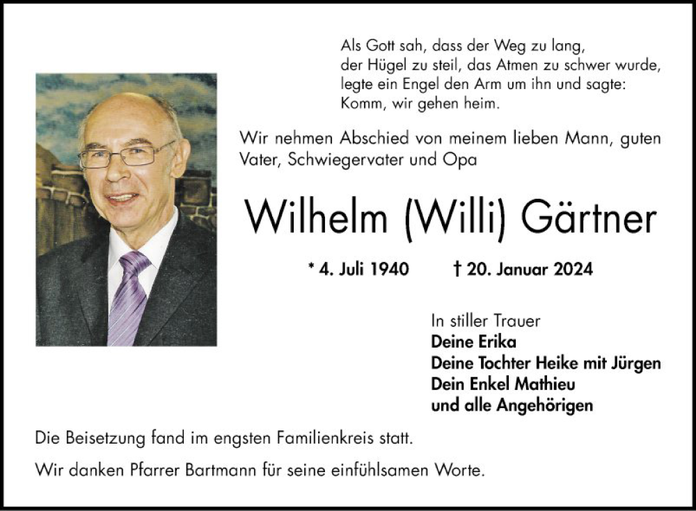  Traueranzeige für Wilhelm Willi Gärtner vom 03.02.2024 aus Bergsträßer Anzeiger