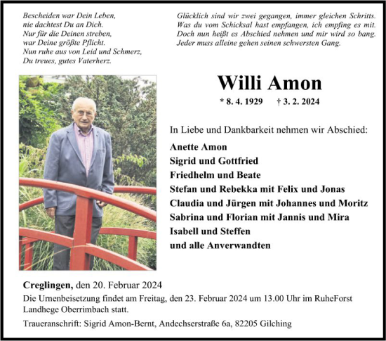 Traueranzeige von Willi Amon von Fränkische Nachrichten