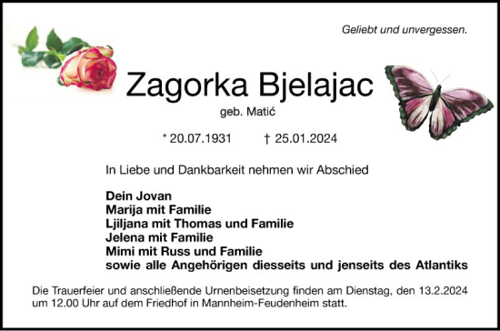 Traueranzeige von Zagorka Bjelajac von Mannheimer Morgen