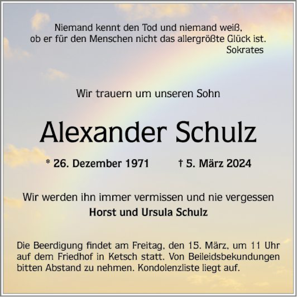  Traueranzeige für Alexander Schulz vom 09.03.2024 aus Schwetzinger Zeitung