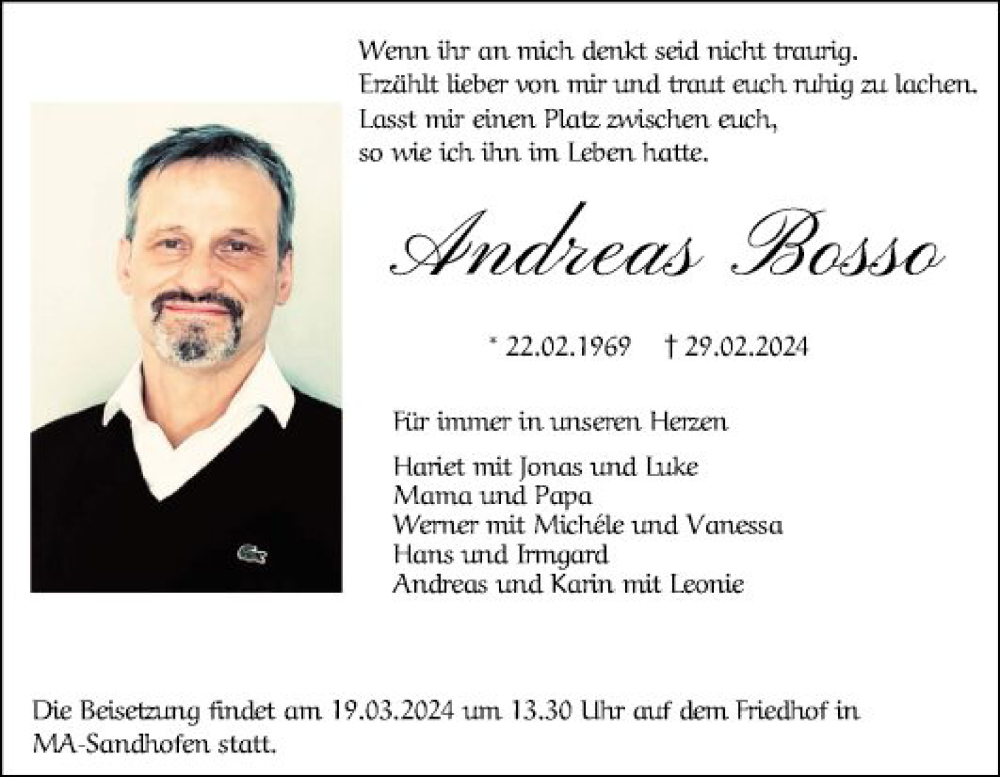  Traueranzeige für Andreas Bosso vom 09.03.2024 aus Mannheimer Morgen