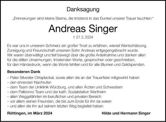 Traueranzeige von Andreas Singer von Fränkische Nachrichten