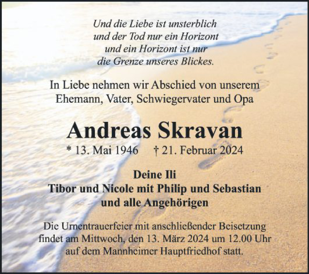 Traueranzeige für Andreas Skravan vom 02.03.2024 aus Mannheimer Morgen
