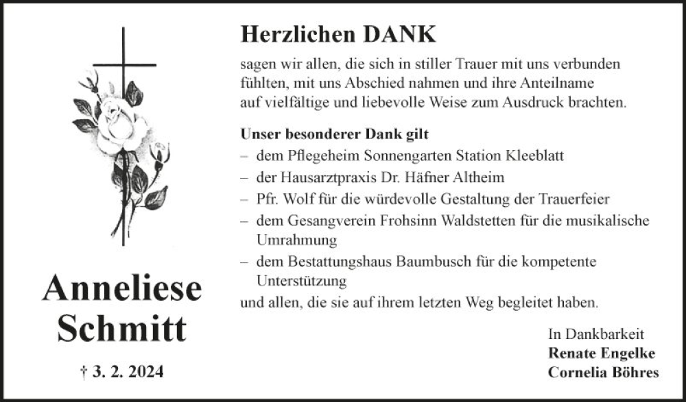  Traueranzeige für Anneliese Schmitt vom 02.03.2024 aus Fränkische Nachrichten